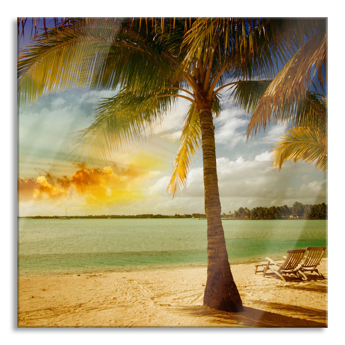 Liegestühle Strand Urlaub, Glasbild Quadratisch