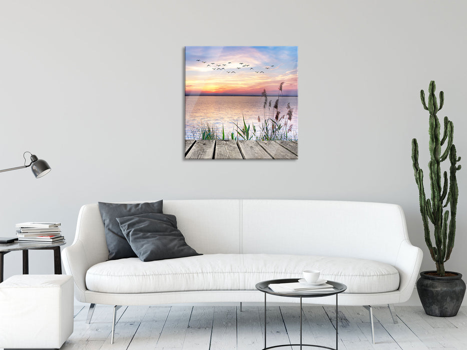 Steg mit Ausblick aufs Meer, Glasbild Quadratisch