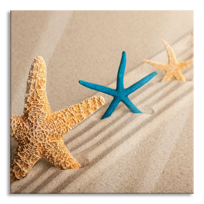 Pixxprint Seesterne im Sand, Glasbild Quadratisch