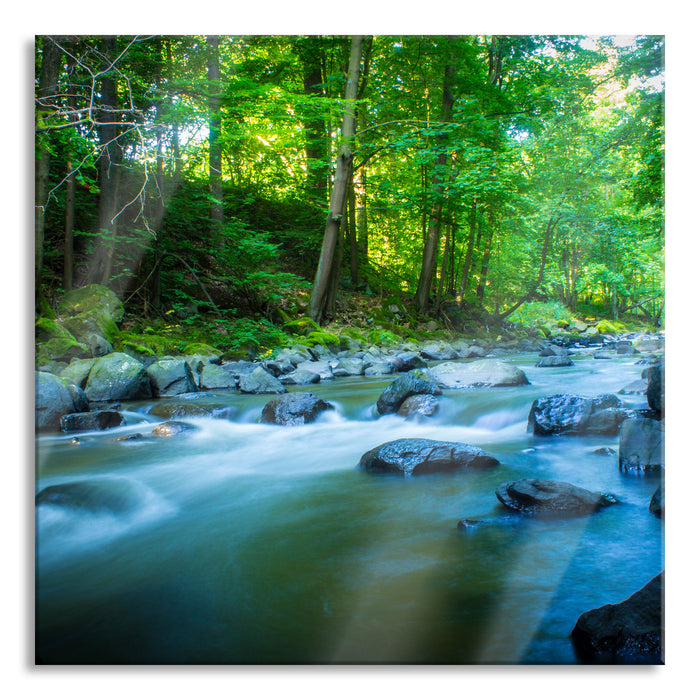 Fluss mit Steinen, Glasbild Quadratisch