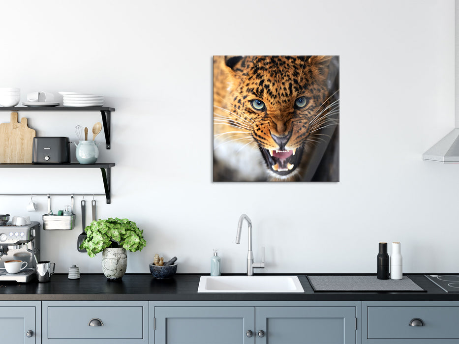 Fauchender Leopard, Glasbild Quadratisch