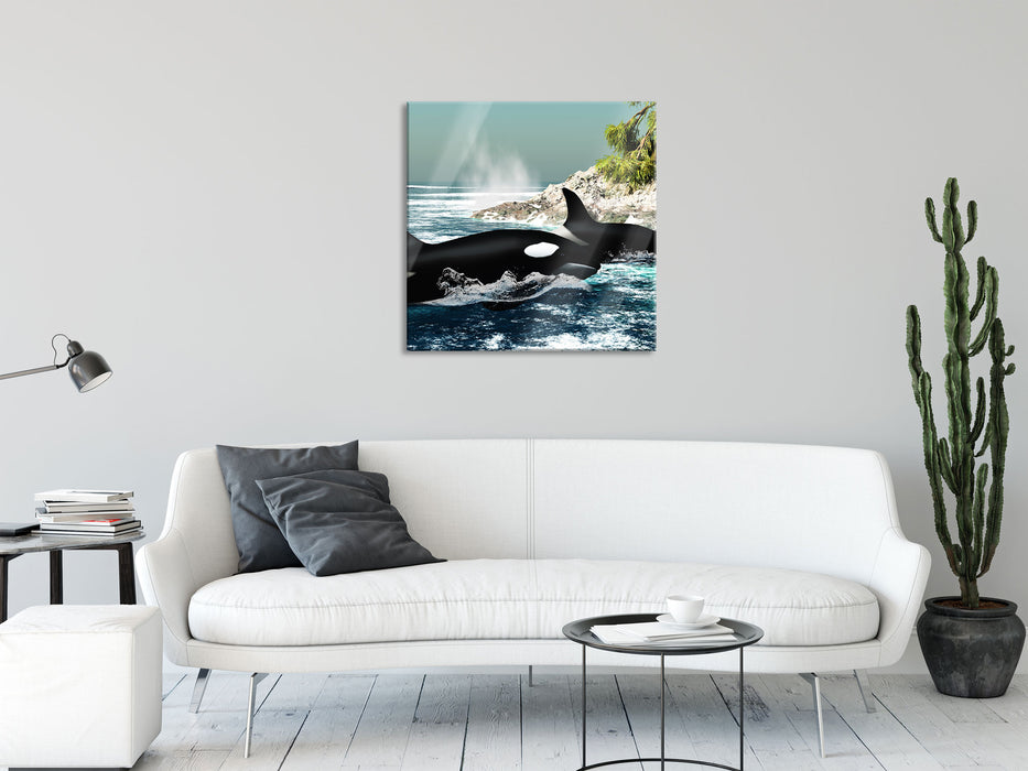 Orcas vor Insel, Glasbild Quadratisch