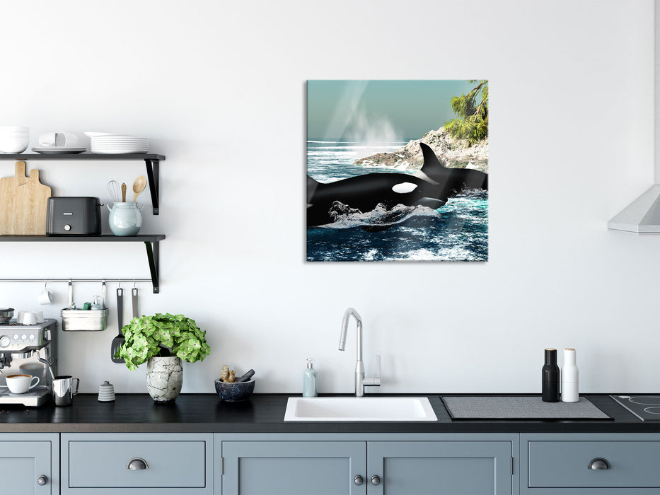 Orcas vor Insel, Glasbild Quadratisch