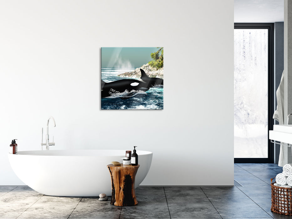 Orcas vor Insel, Glasbild Quadratisch