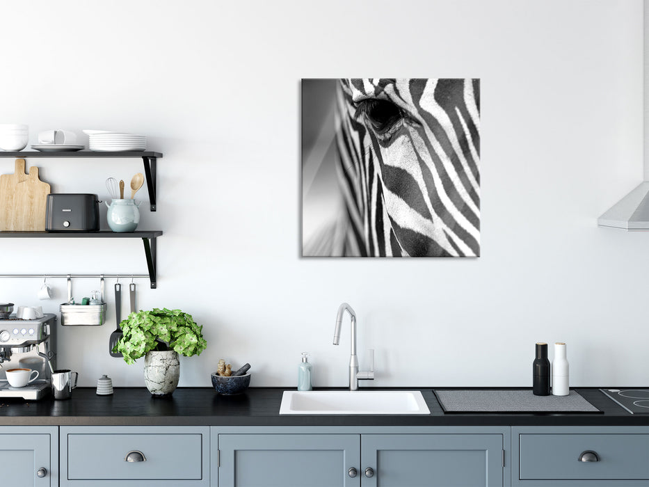 Zebra Nahaufnahme, Glasbild Quadratisch