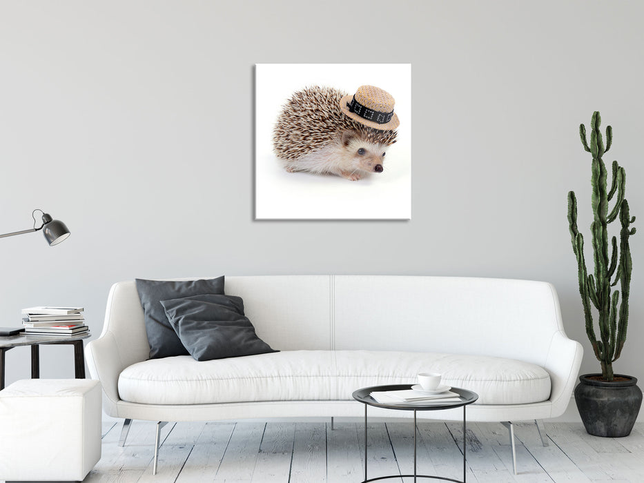 Lustiger Igel mit Hut, Glasbild Quadratisch