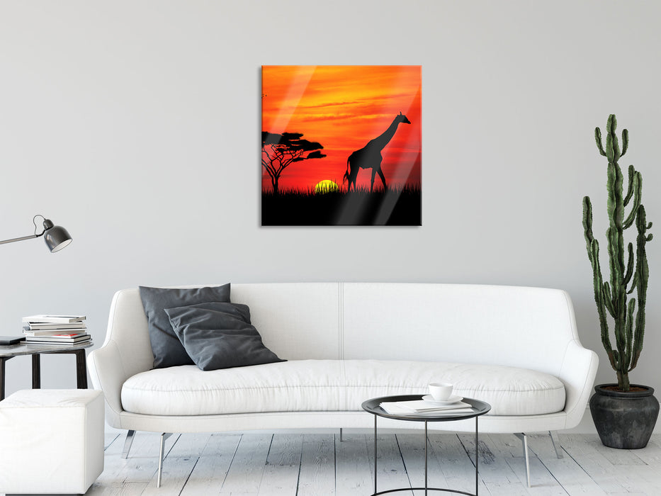 Giraffe im Sonnenuntergang, Glasbild Quadratisch