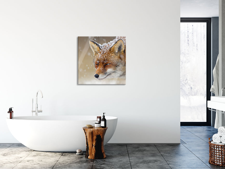 Fuchs im Schnee, Glasbild Quadratisch