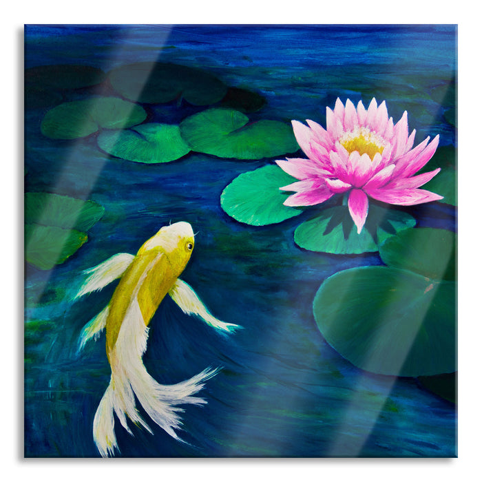 Pixxprint Koi mit Seerose Kunst, Glasbild Quadratisch