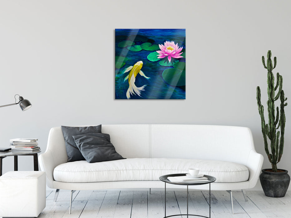 Koi mit Seerose Kunst, Glasbild Quadratisch