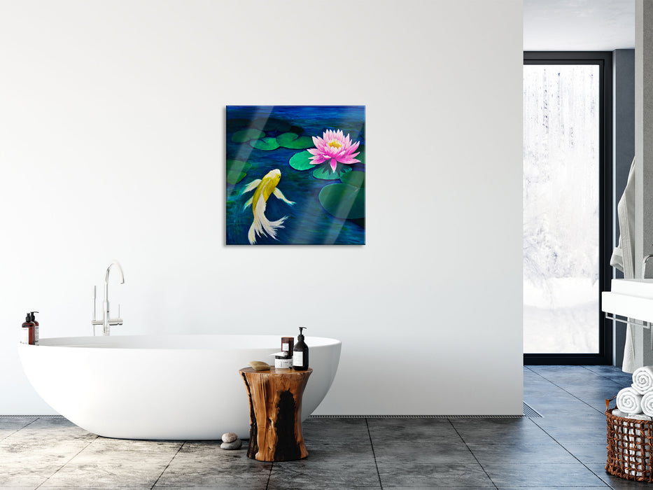 Koi mit Seerose Kunst, Glasbild Quadratisch