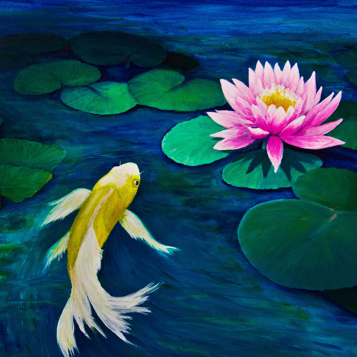 Koi mit Seerose Kunst, Glasbild Quadratisch