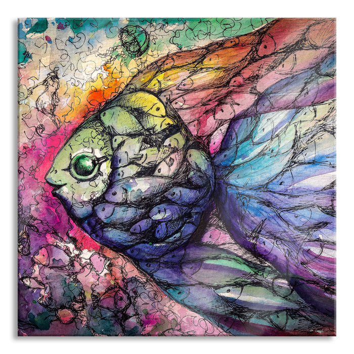 Pixxprint Bunte Fische Kunst, Glasbild Quadratisch