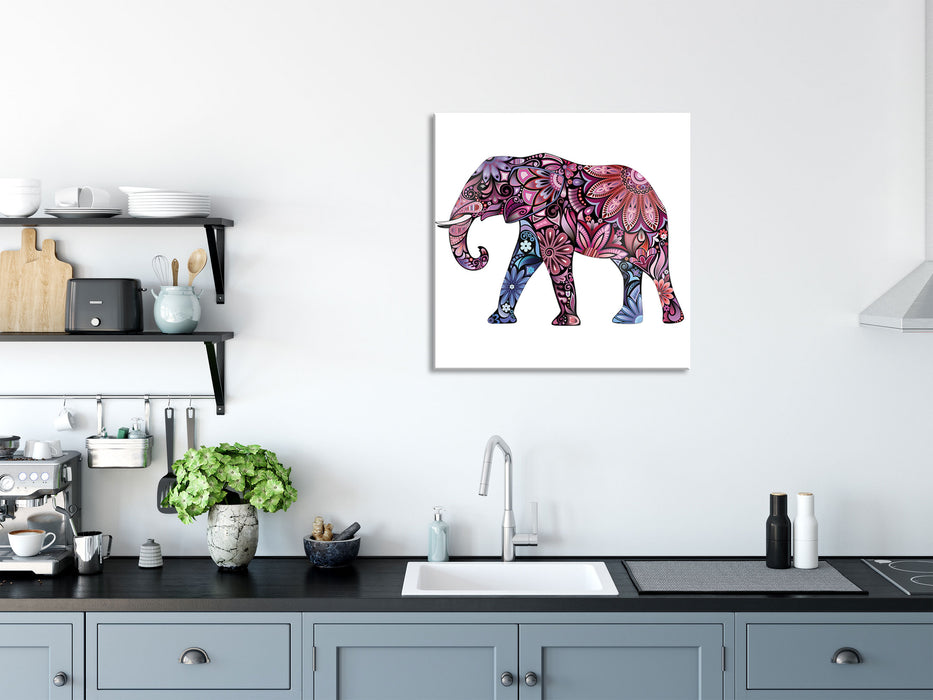 Elefant mit Ornamenten, Glasbild Quadratisch