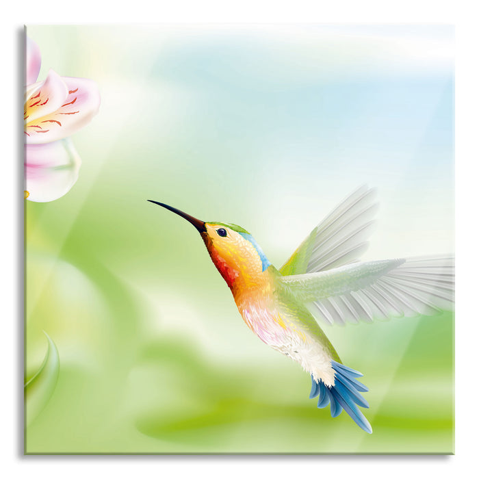 Wunderschöner Kolibri mit Blüte, Glasbild Quadratisch