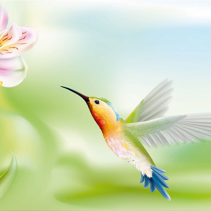 Wunderschöner Kolibri mit Blüte, Glasbild Quadratisch