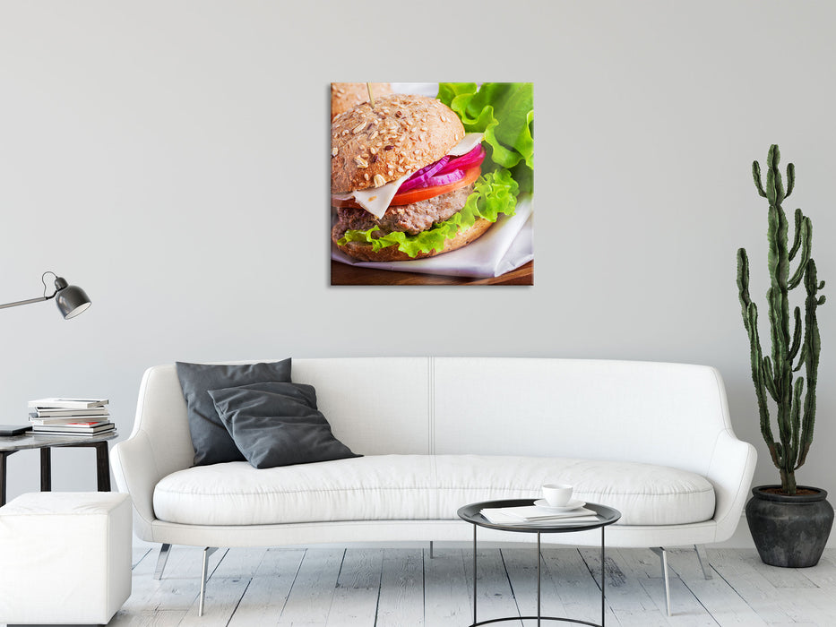 Köstlicher Hamburger, Glasbild Quadratisch