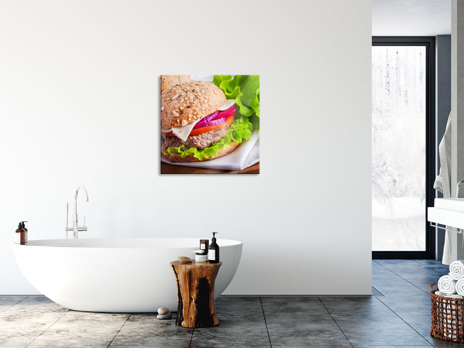 Köstlicher Hamburger, Glasbild Quadratisch