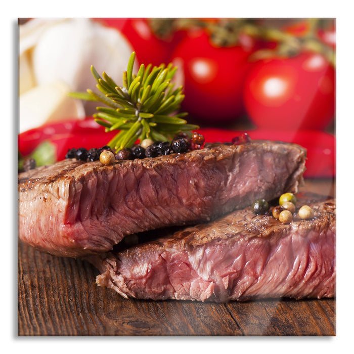 Saftiges Pfeffer Steak, Glasbild Quadratisch