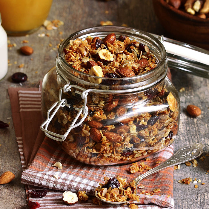 Honig Müsli im Glas, Glasbild Quadratisch