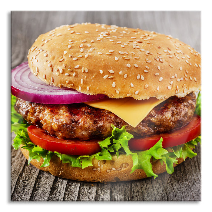 Pixxprint Leckerer Cheeseburger, Glasbild Quadratisch