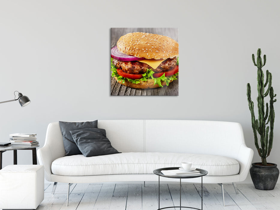 Leckerer Cheeseburger, Glasbild Quadratisch