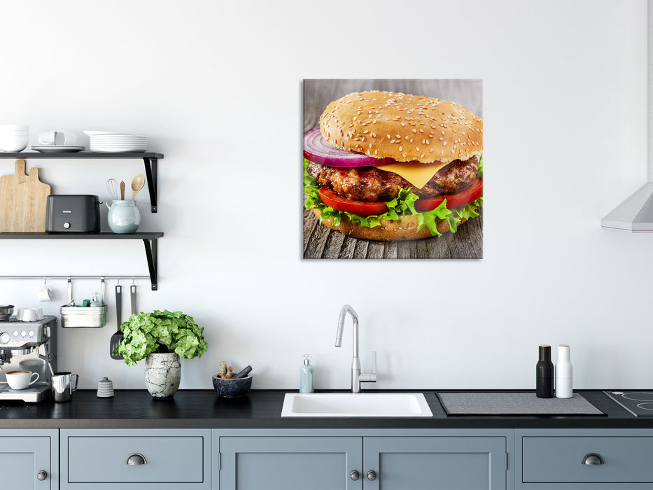 Leckerer Cheeseburger, Glasbild Quadratisch