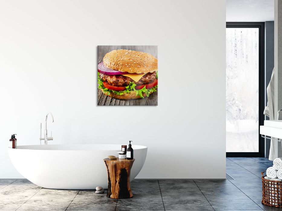 Leckerer Cheeseburger, Glasbild Quadratisch