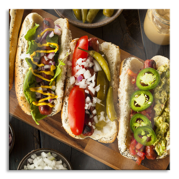 Pixxprint Amerikanische Hotdogs, Glasbild Quadratisch