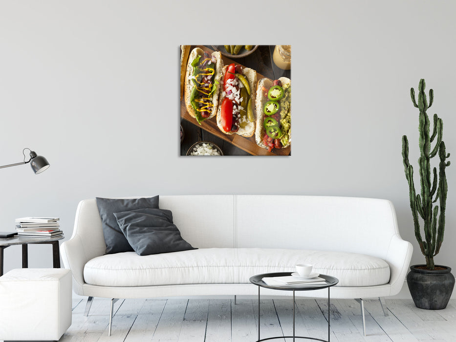 Amerikanische Hotdogs, Glasbild Quadratisch