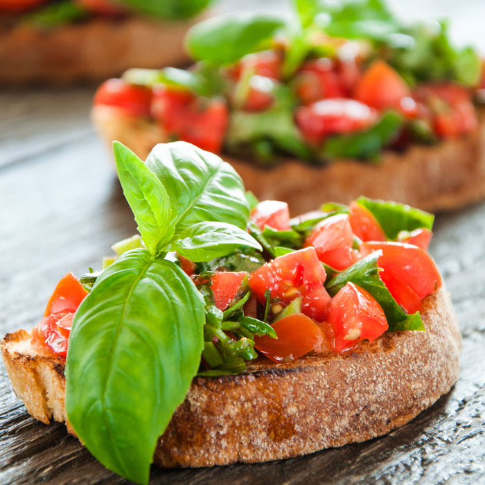 Köstliche Tomaten Bruchetta, Glasbild Quadratisch