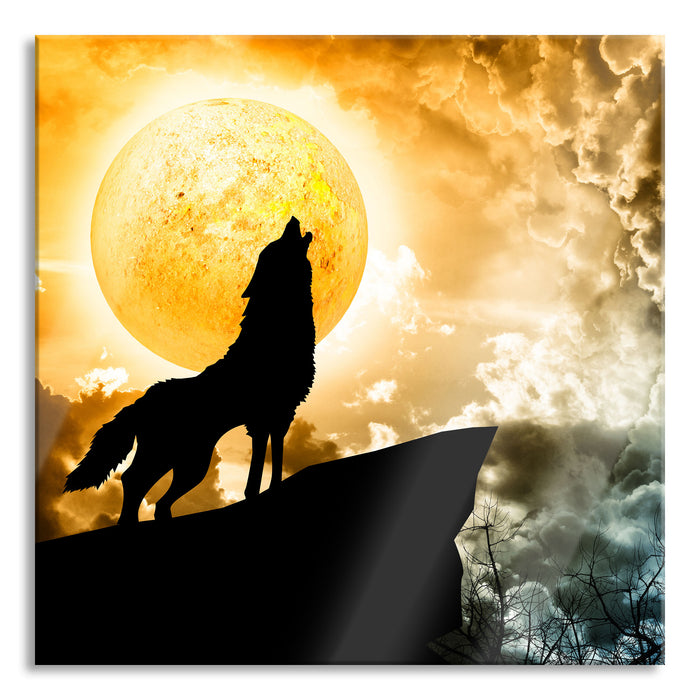 Wolf heult den Mond an, Glasbild Quadratisch