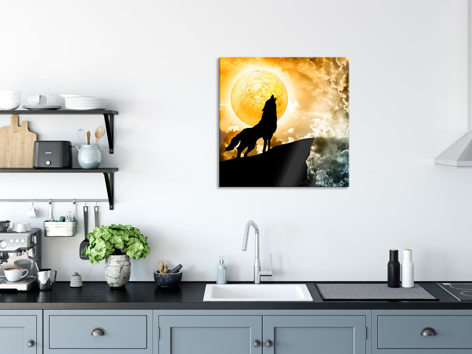 Wolf heult den Mond an, Glasbild Quadratisch