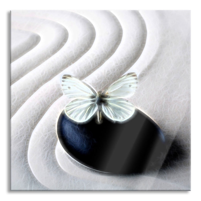Schmetterling auf Zen Stein, Glasbild Quadratisch