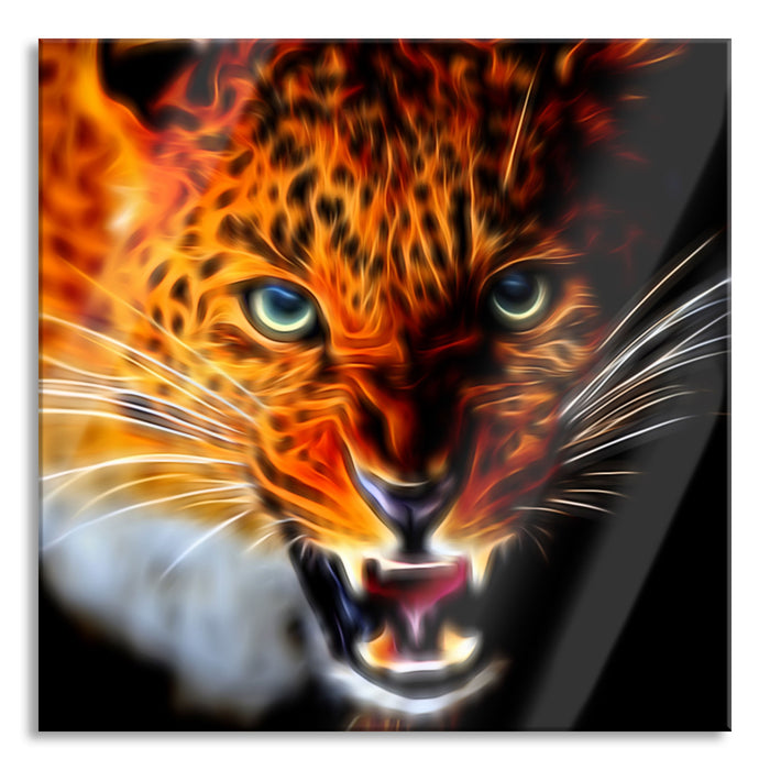 Pixxprint Fauchender Leopard, Glasbild Quadratisch