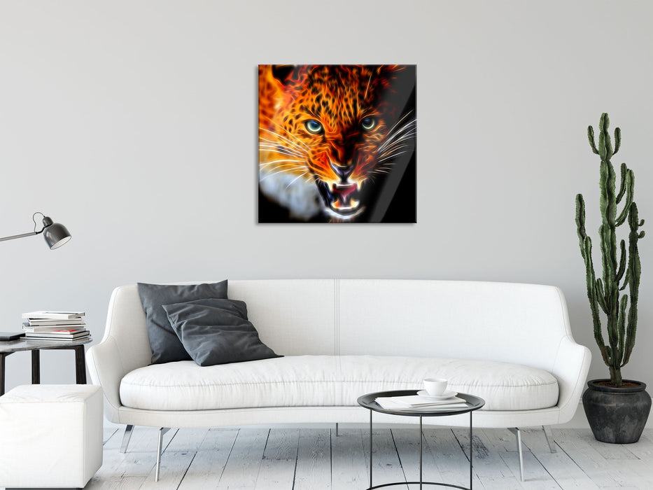 Fauchender Leopard, Glasbild Quadratisch