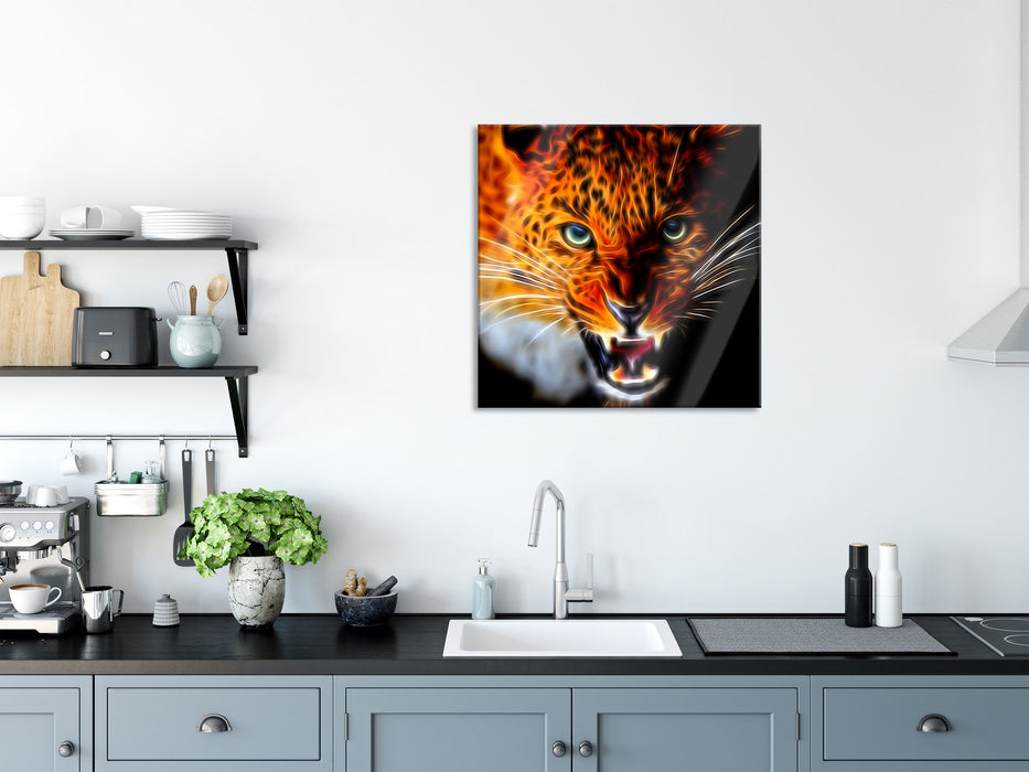 Fauchender Leopard, Glasbild Quadratisch