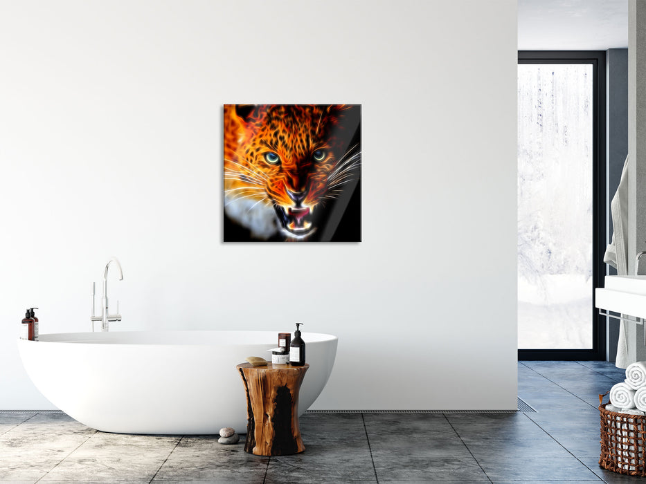 Fauchender Leopard, Glasbild Quadratisch