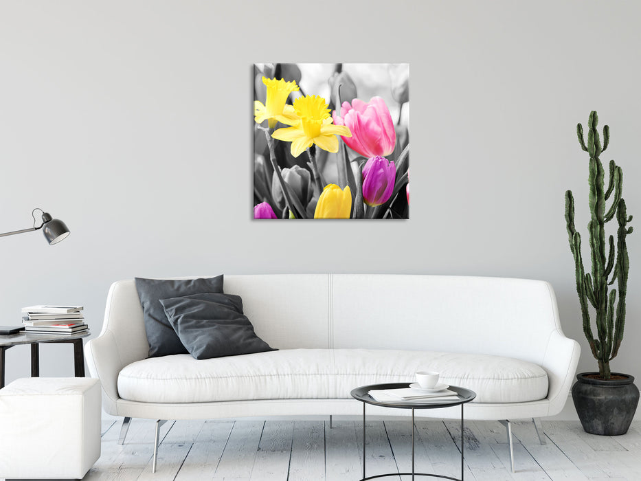 schöne Narzissen mit Tulpen, Glasbild Quadratisch