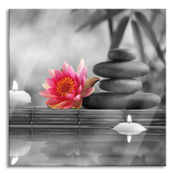 Seerose Zen Steine Kerzen, Glasbild Quadratisch