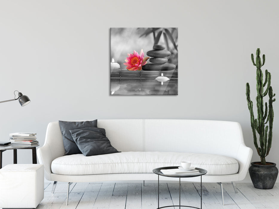 Seerose Zen Steine Kerzen, Glasbild Quadratisch