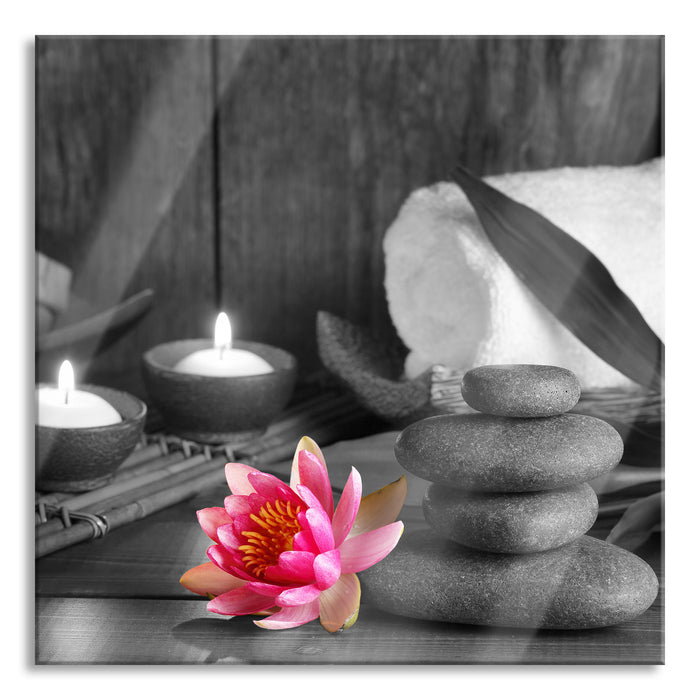 Kerzen Seerose Zen Steine, Glasbild Quadratisch