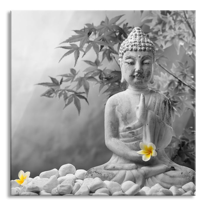 Buddha mit Monoi Blüte in der Hand, Glasbild Quadratisch