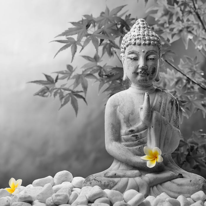 Buddha mit Monoi Blüte in der Hand, Glasbild Quadratisch