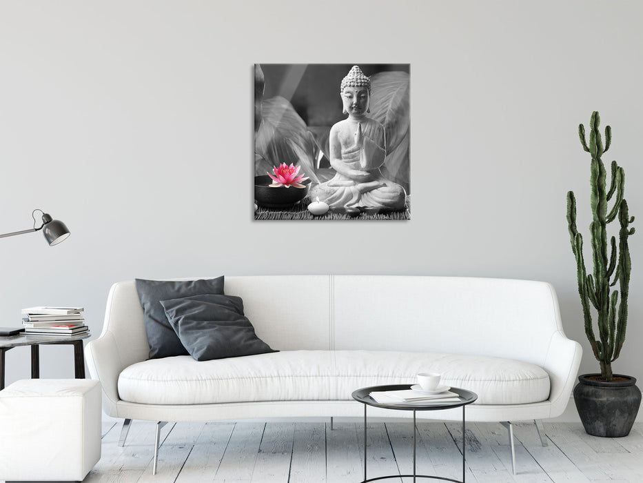 Buddha mit Seerose, Glasbild Quadratisch