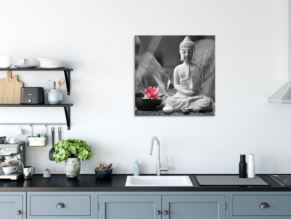 Buddha mit Seerose, Glasbild Quadratisch