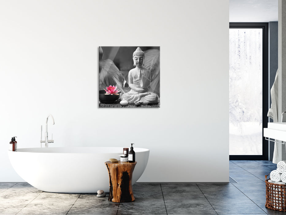 Buddha mit Seerose, Glasbild Quadratisch