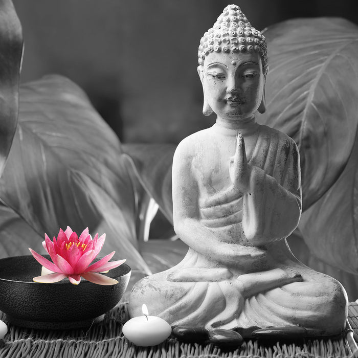 Buddha mit Seerose, Glasbild Quadratisch