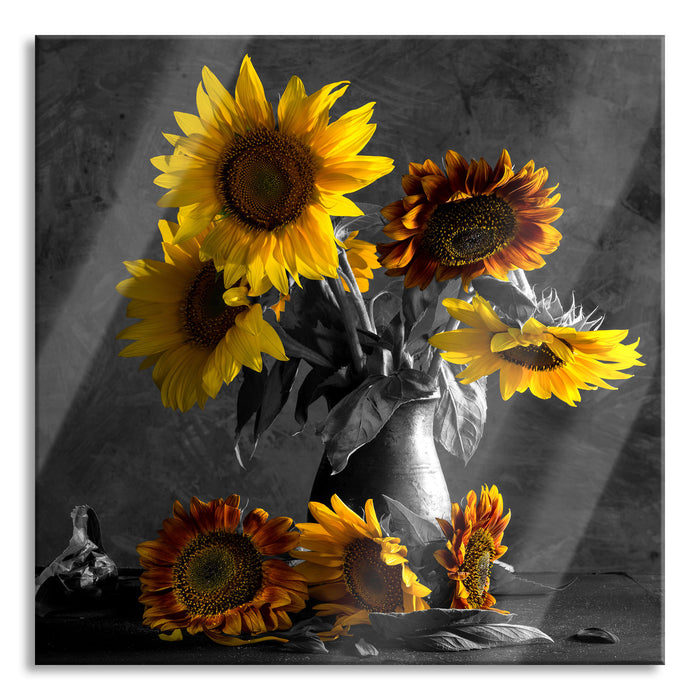 schöne Sonnenblume in Vase, Glasbild Quadratisch