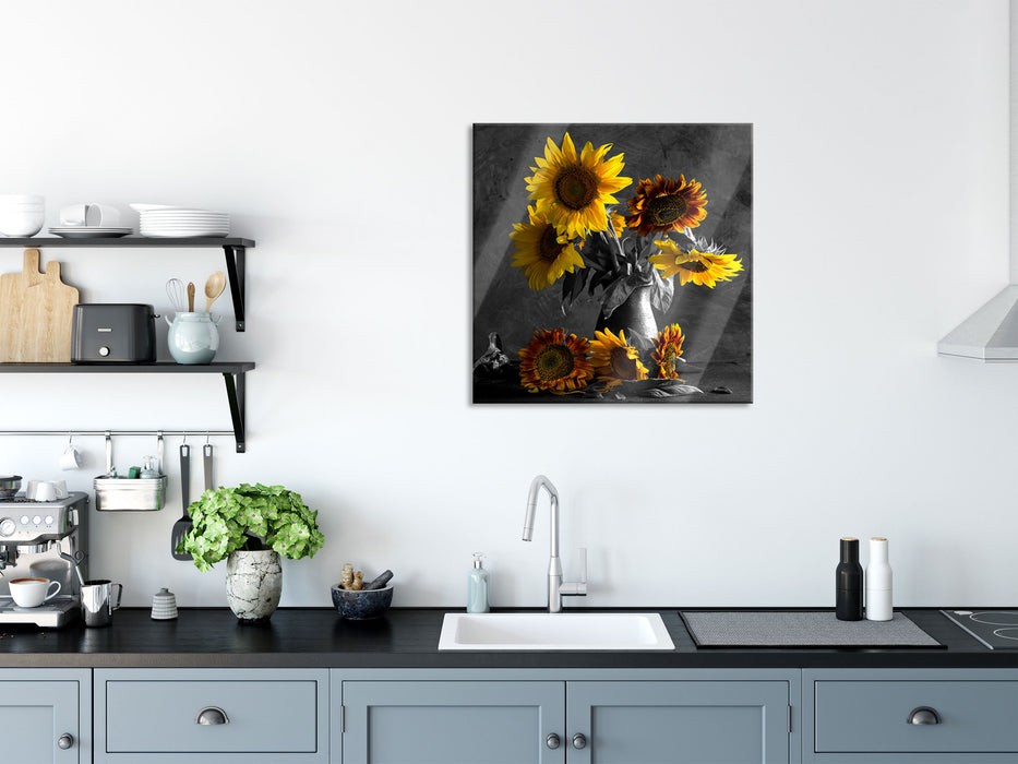 schöne Sonnenblume in Vase, Glasbild Quadratisch